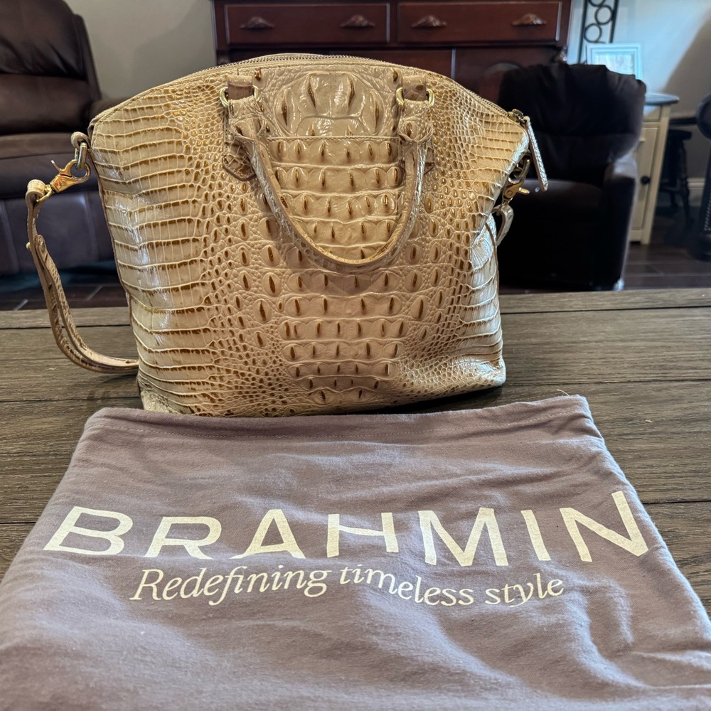 Brahmin Taupe Croc-Embossed Leather Satchel with Shoulder Strap